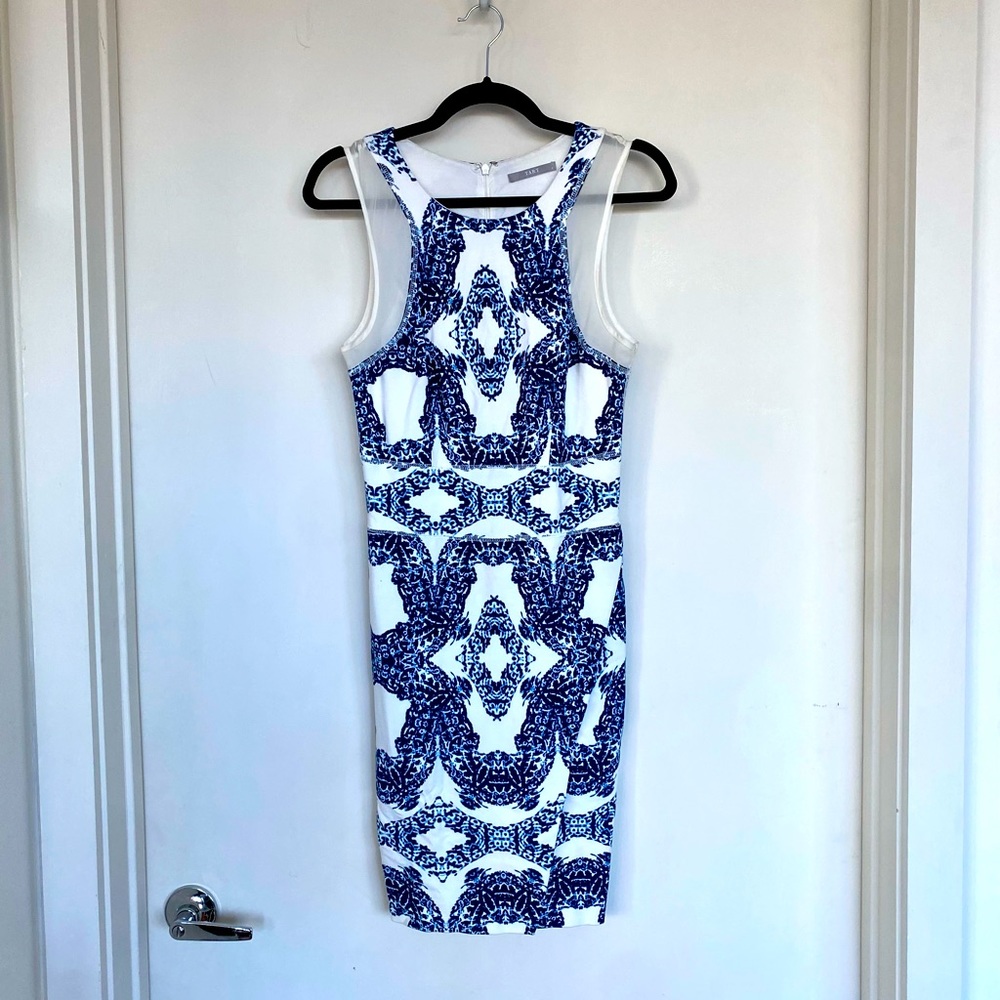 Mini dress with mesh detail and front wrap slit, blue & white, sleeveless